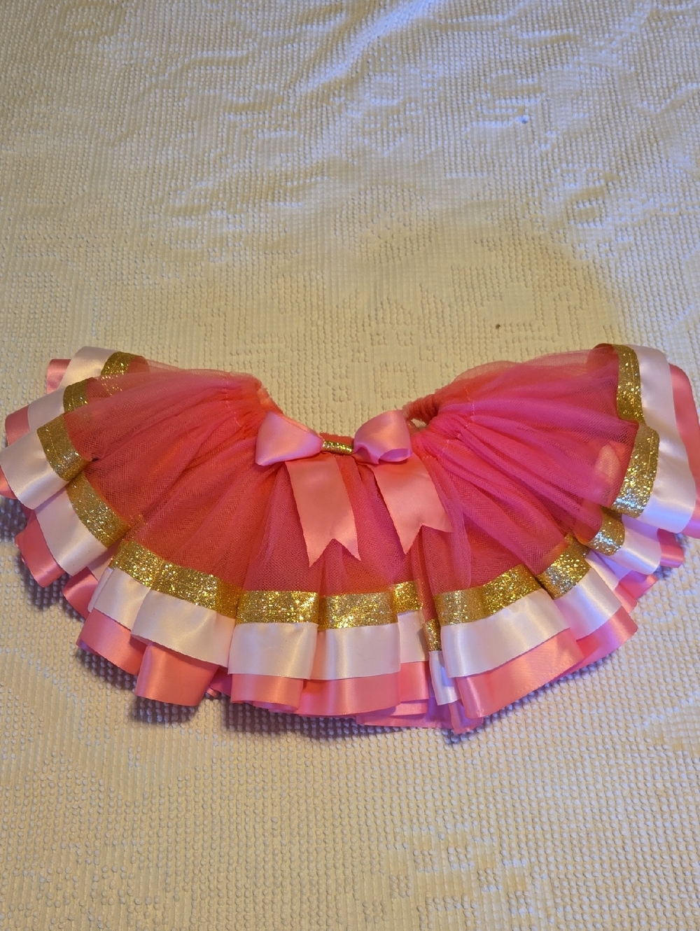 Pink Tulle Layered Tutu Skirt with Gold, Pink Ribbon Trim